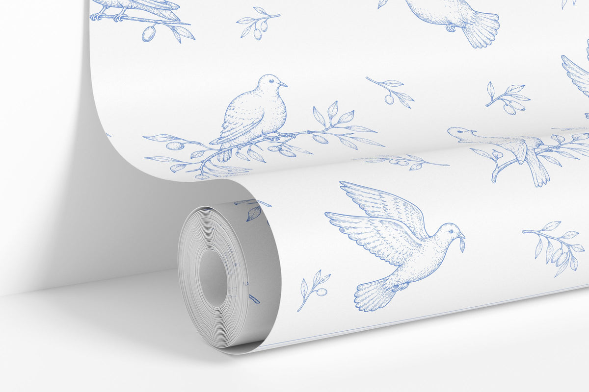 Blue colorway: Dove Toile wallpaper roll standing against a wall