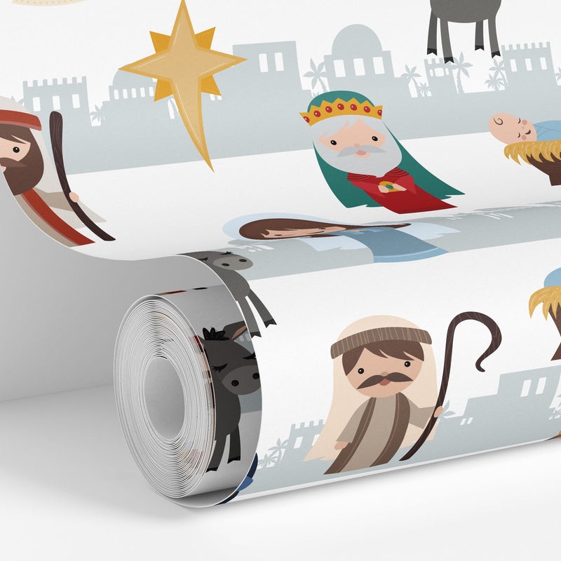 White colorway: Nativity wallpaper roll standing against a wall