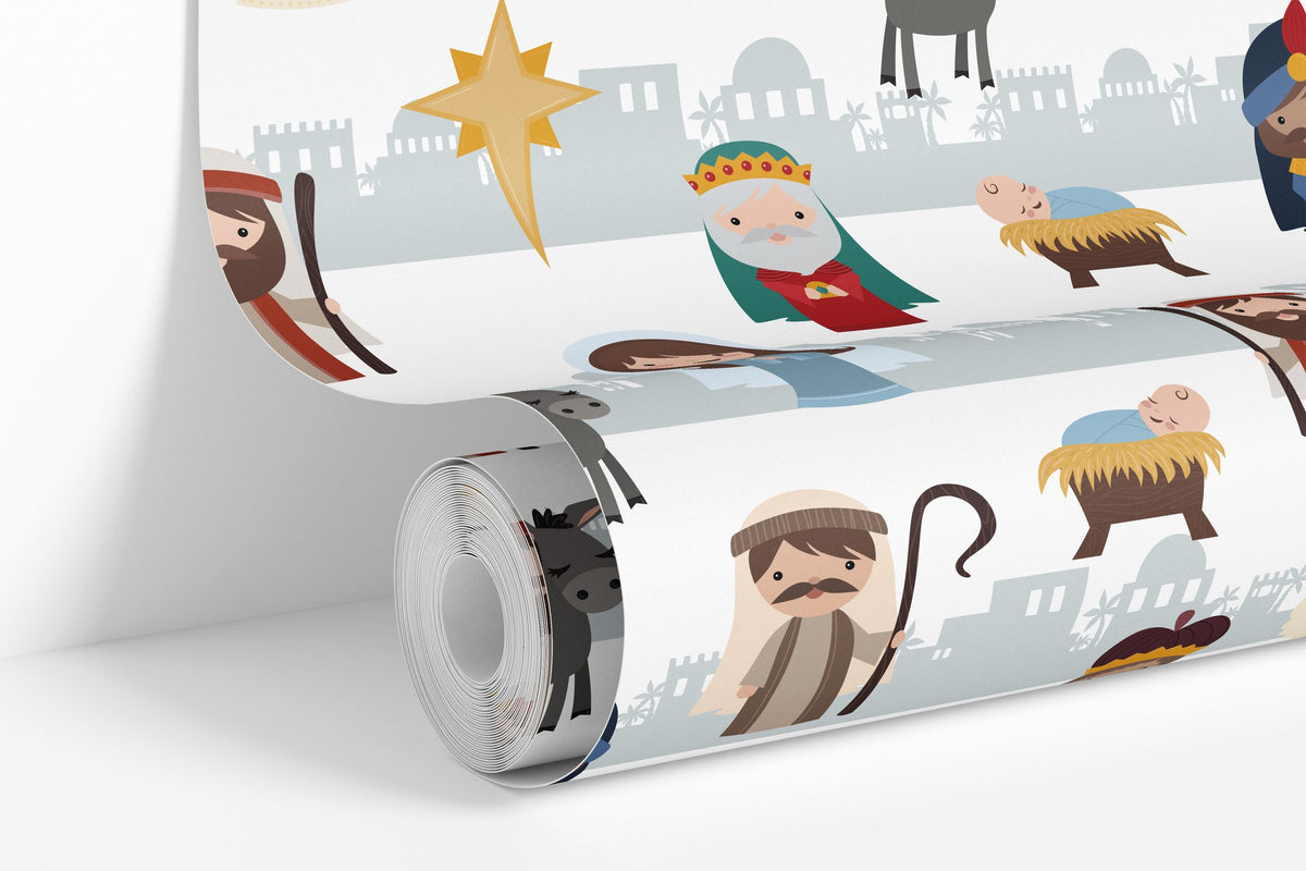 White colorway: Nativity wallpaper roll standing against a wall