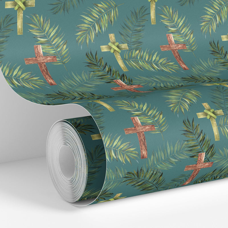 Deep Teal colorway: Palm Cross wallpaper roll standing against a wall