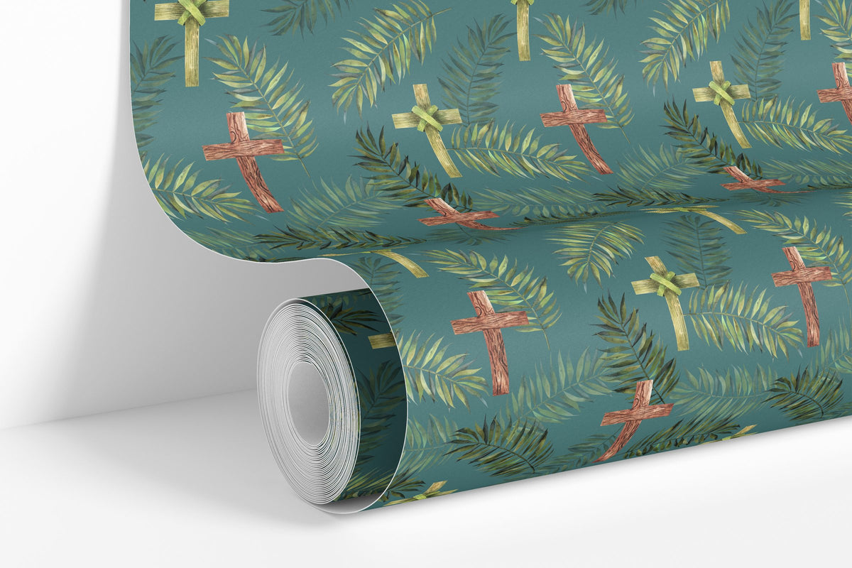 Deep Teal colorway: Palm Cross wallpaper roll standing against a wall