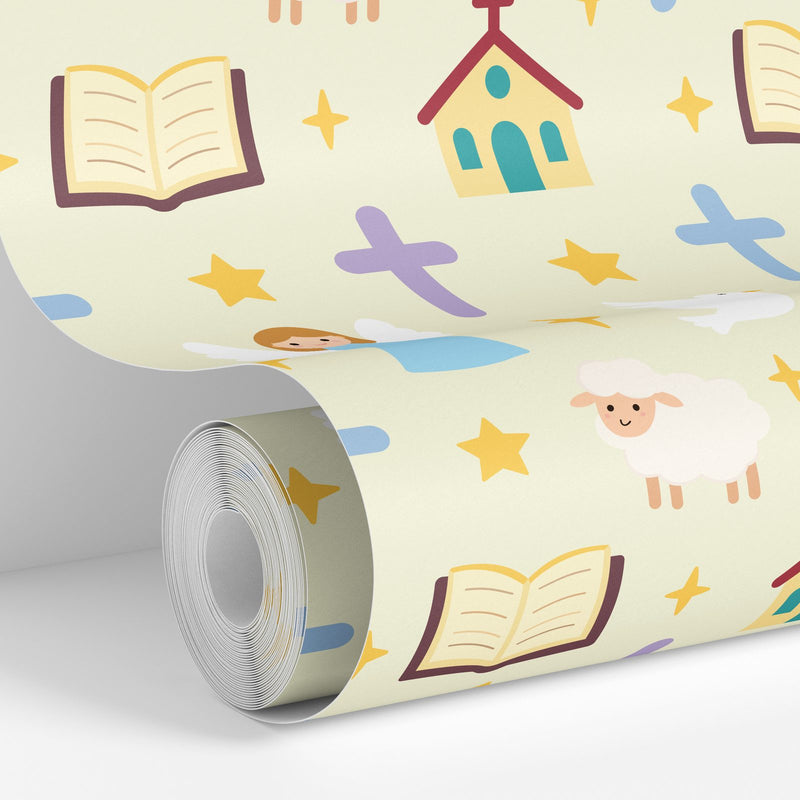 Beige colorway: The Little Flock Nursery wallpaper roll standing against a wall