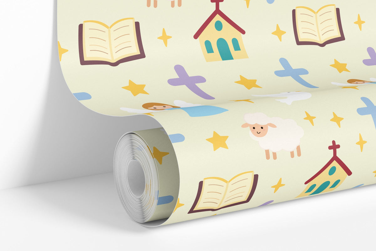 Beige colorway: The Little Flock Nursery wallpaper roll standing against a wall