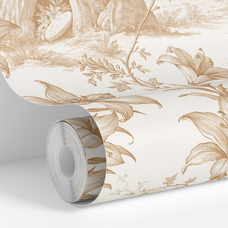 Beige colorway: Toile Rise wallpaper roll standing against a wall