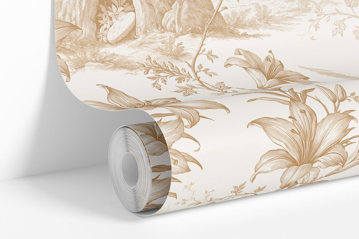 Beige colorway: Toile Rise wallpaper roll standing against a wall