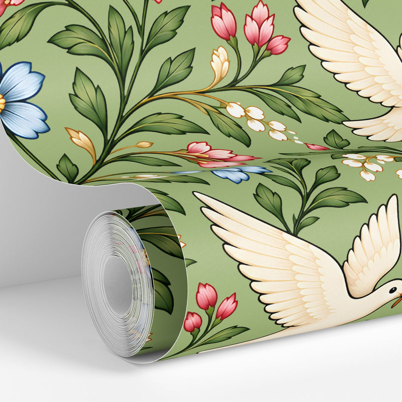 Sage colorway: Vintage Botanical Dove wallpaper roll standing against a wall
