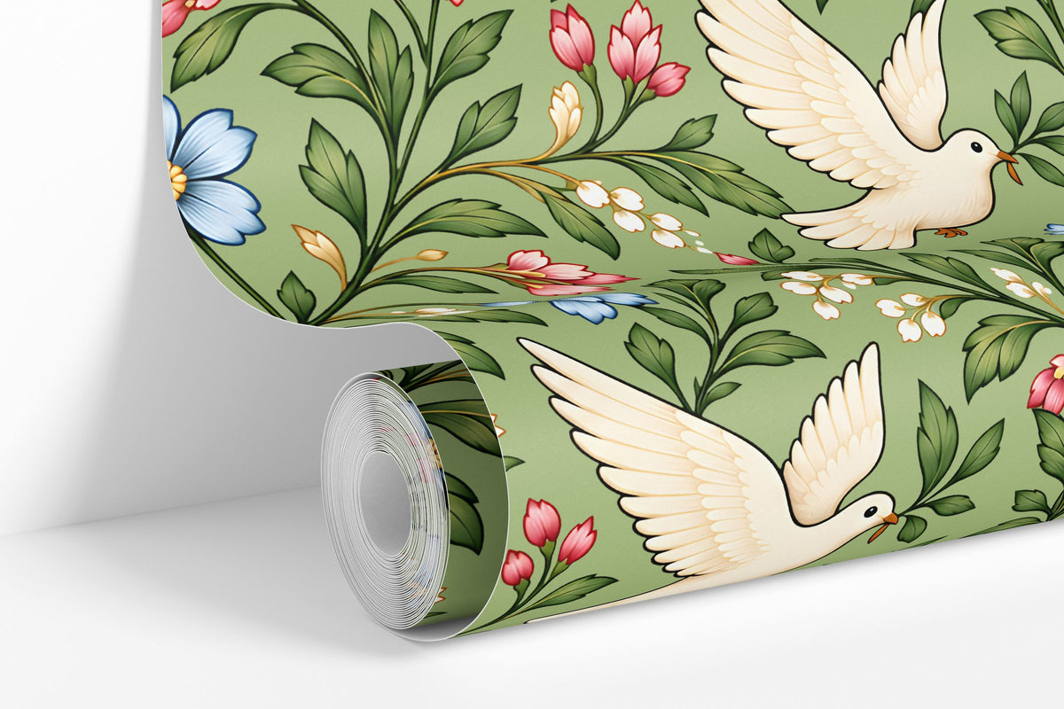 Sage colorway: Vintage Botanical Dove wallpaper roll standing against a wall