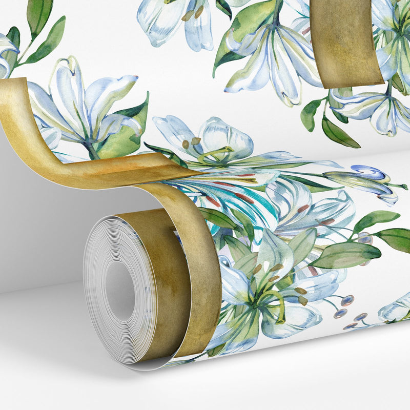 White colorway: Watercolor Cross wallpaper roll standing against a wall