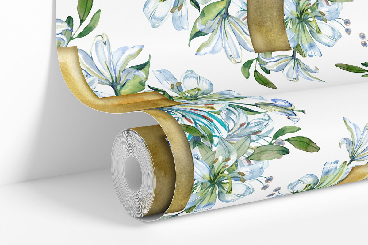 White colorway: Watercolor Cross wallpaper roll standing against a wall
